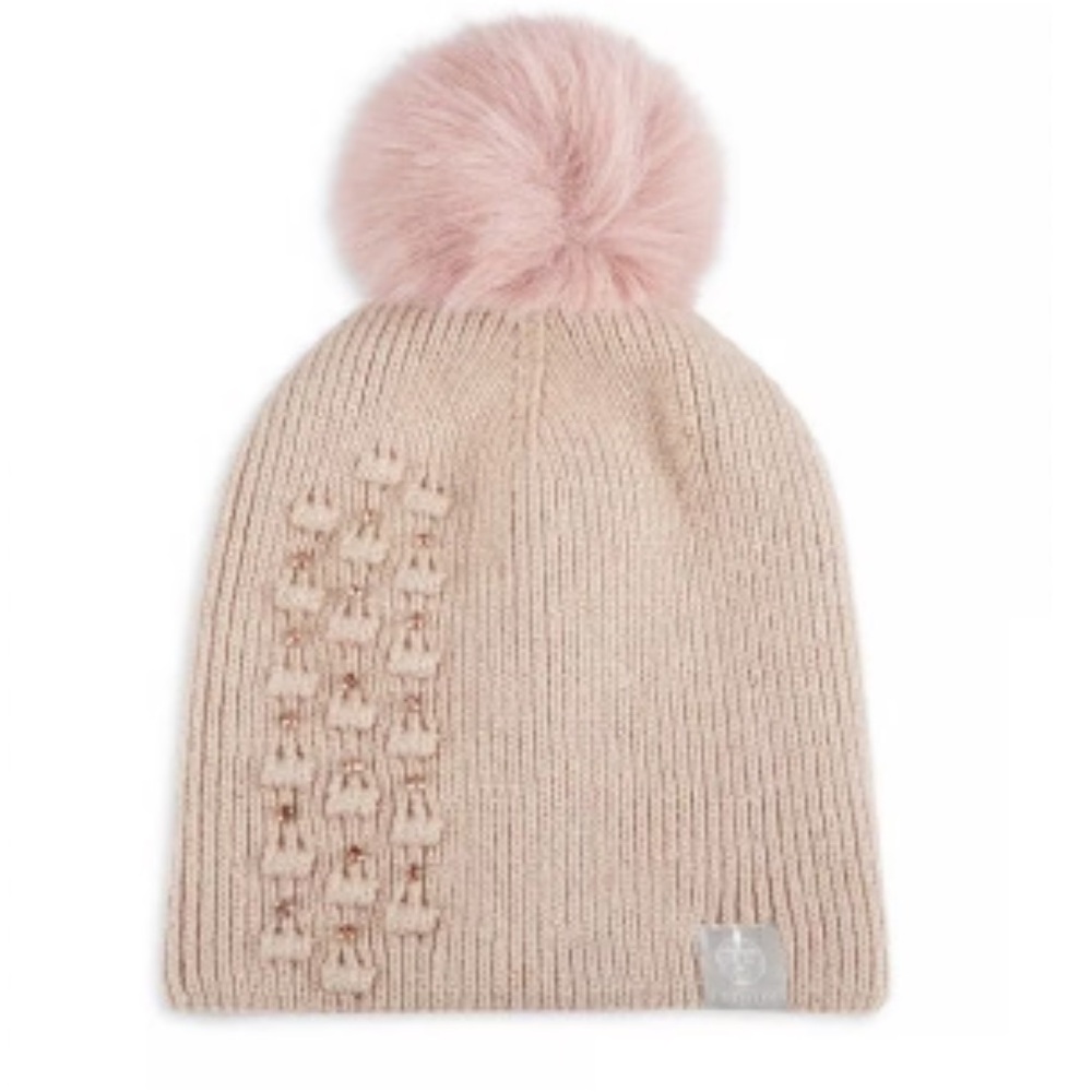 NEW Furlux Faux Fur Bejeweled Pom Cashmere Blend Beanie In Blush